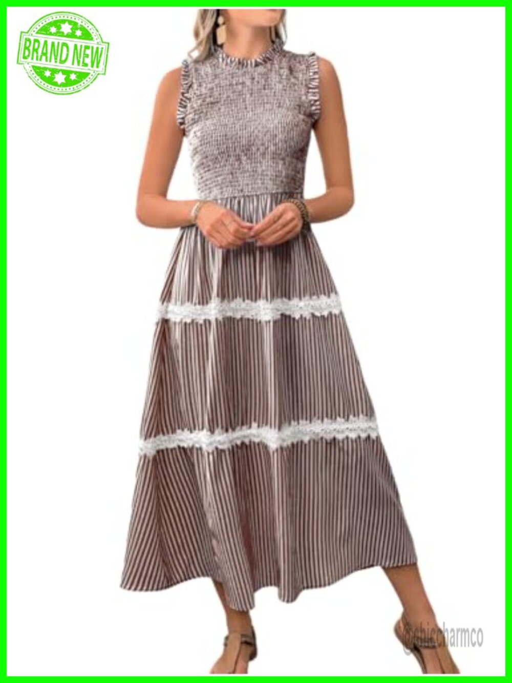 Striped Midi Dress Casual Flowy Smocked Sundress Lace Trim Sleeveless